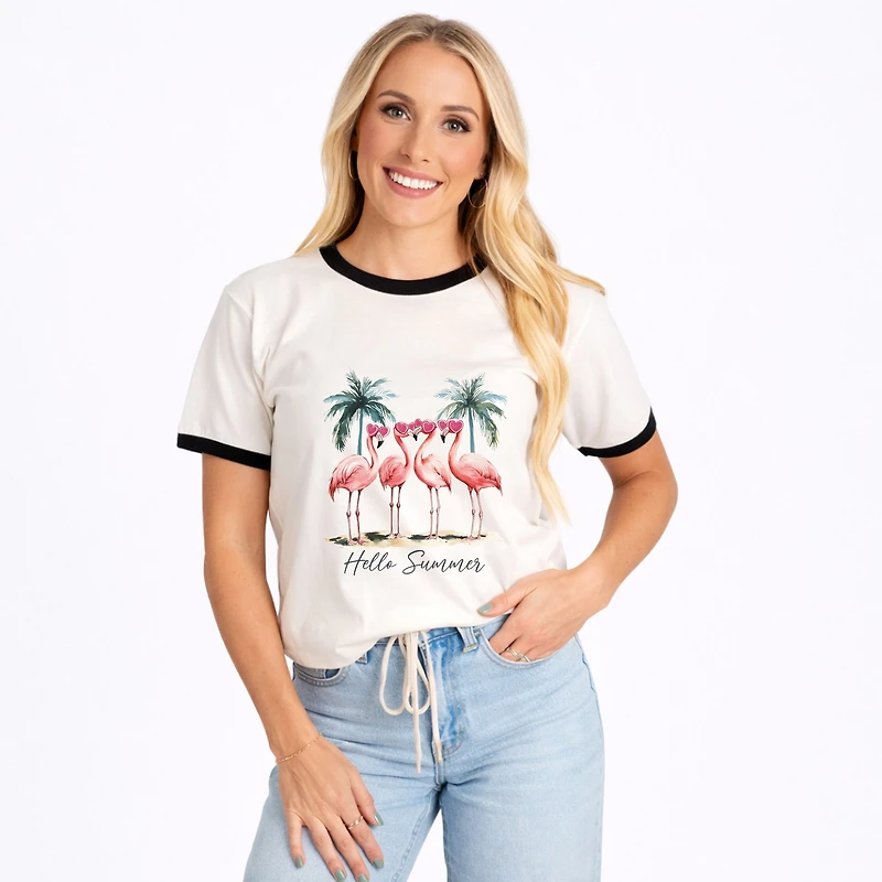 Simply Sage Market - Hello Summer Flamingos Women's Ringer Graphic T-Shirt
