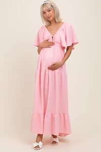PinkBlush Womens Light Pink Woven Textured Flutter Sleeve V-Neck Tiered Maternity Maxi Dress