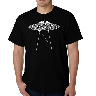 LA Pop Art Men's Flying Saucer UFO Word T-Shirt - 100% Cotton Crew Neck, Short Sleeve, Regular Fit, Made Honduras