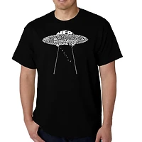 LA Pop Art Men's Flying Saucer UFO Word T-Shirt - 100% Cotton Crew Neck, Short Sleeve, Regular Fit, Made Honduras
