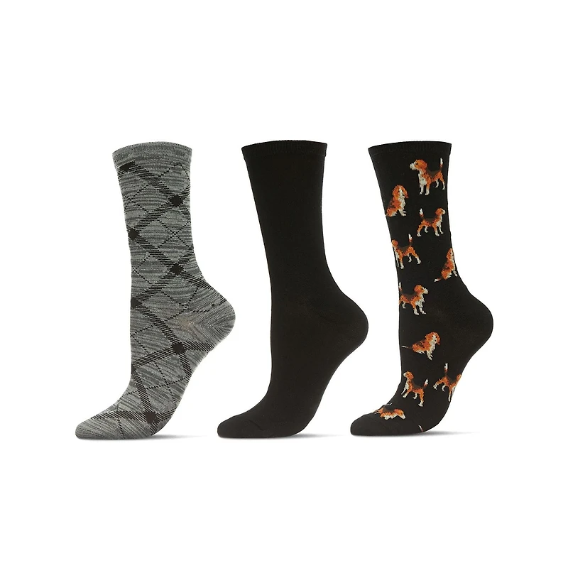 MeMoi Women's 3 Pair Pack Beagle Bamboo Blend Crew Socks