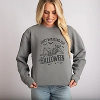 Simply Sage Market - Women's Lightweight Garment Dyed Sweatshirt Just Waiting For Halloween Skeleton