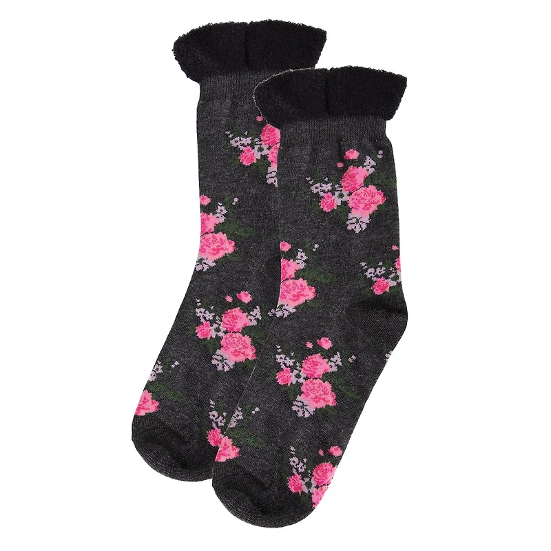 MeMoi Women's Rosie Chenille Cuff Embroidered Flower Crew Socks