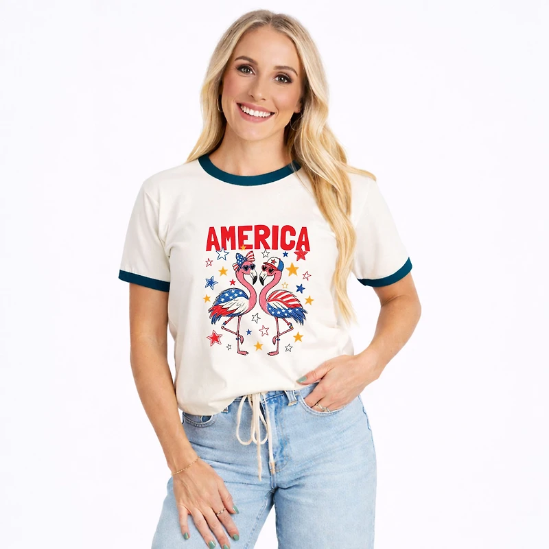 Simply Sage Market - America Flamingos Star Women's Ringer Graphic T-Shirt