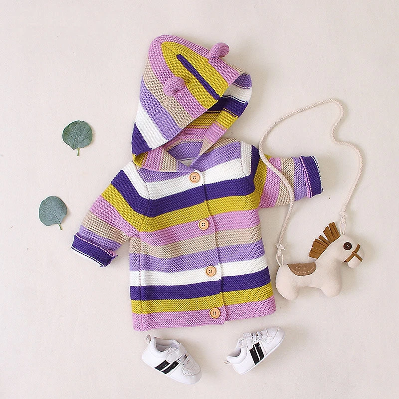 MyKids-USA Baby Striped Button-Front Knitted Cardigan with Matching Hat