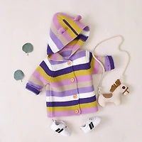 MyKids-USA Baby Striped Button-Front Knitted Cardigan with Matching Hat