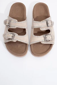 Forever & Always Womens Allen Rhinestone Leather Slide Sandal