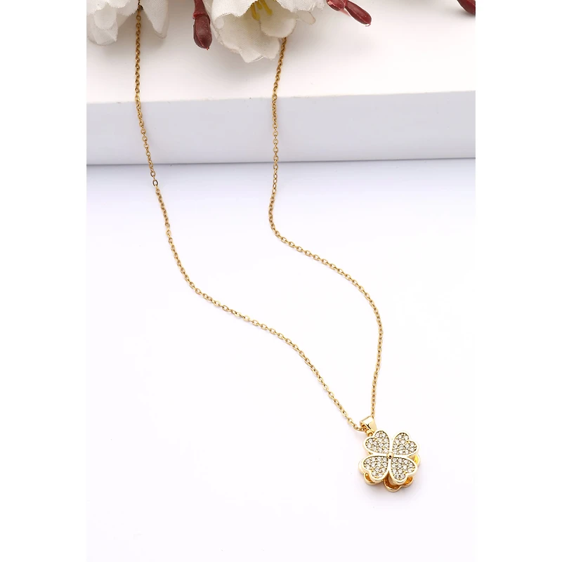 AGP PARIS Womens Golden Clover Sparkle Floral Pendant Necklace