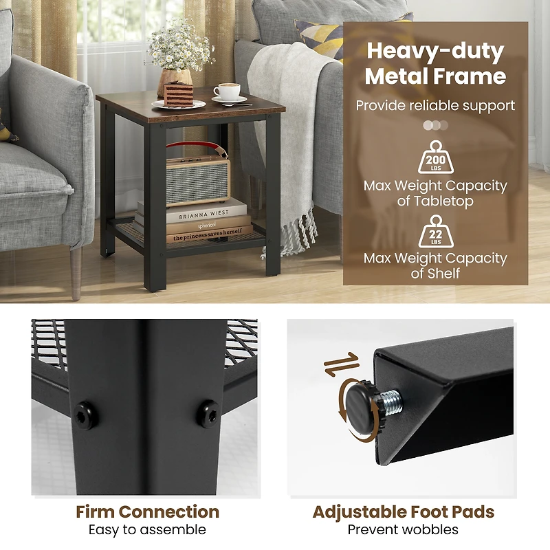 SUGIFT Industrial 2-Tier End Table with Metal Frame and Mesh Shelf 55-lb Capacity 16-in Square Black/Silver