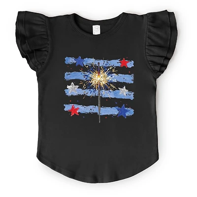 Girl's Flutter Sleeve Graphic T-Shirt - Sparkler Stripes