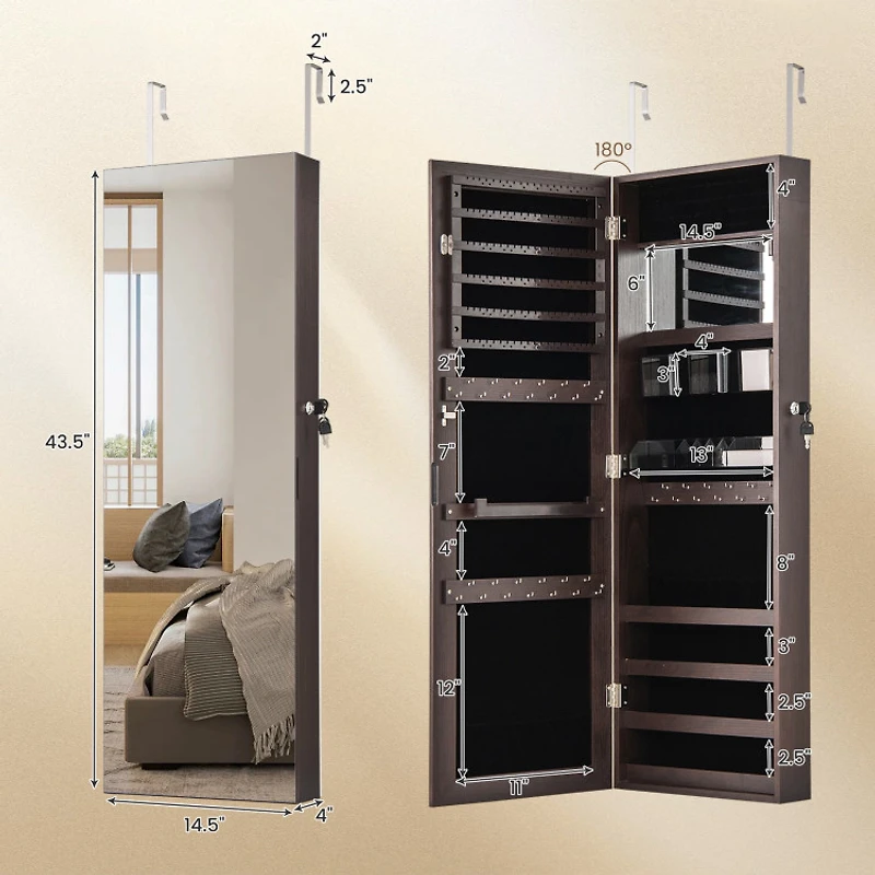 Hivvago 43.5 Inch Jewelry Mirror Cabinet with Full-length and Adjustable Hangers