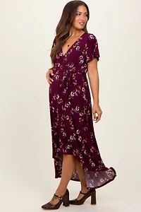 PinkBlush Womens Burgundy Floral Short Sleeve Wrap Hi-Low Maternity Maxi Dress