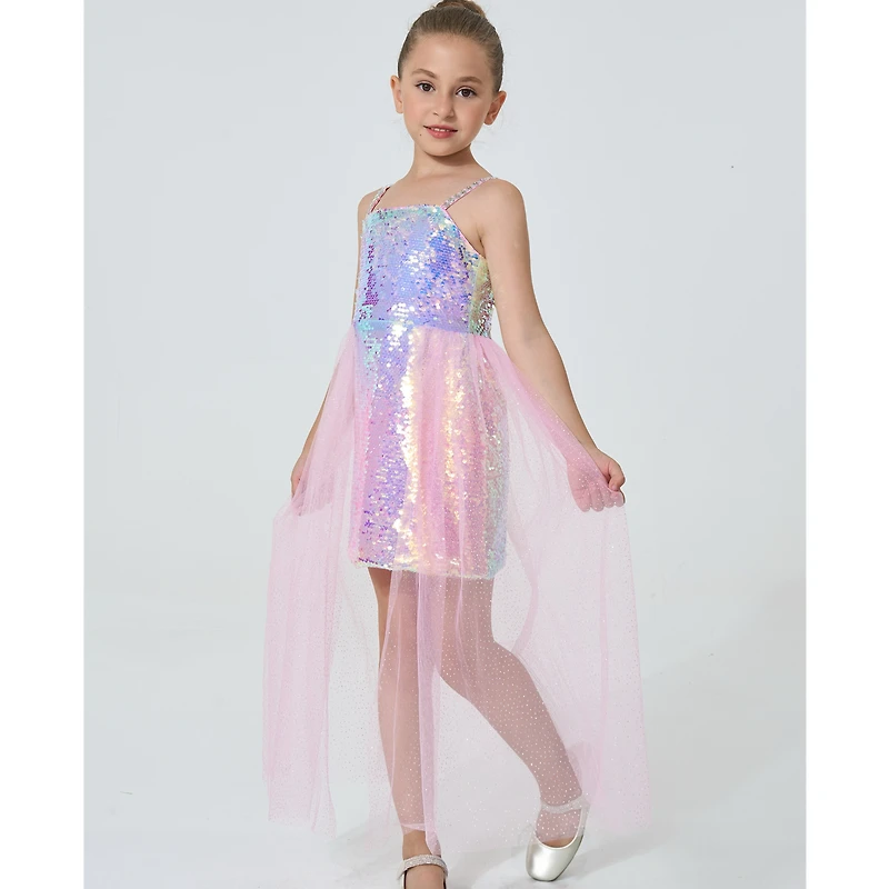 2Bunnies Girls' Ombre Sequin Dress with Tulle Waist Overskirt
