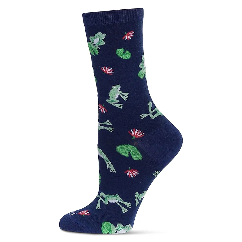 MeMoi Women's Embroidered Frogs Bamboo Crew Socks