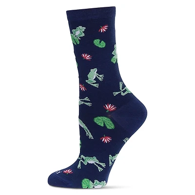 MeMoi Women's Embroidered Frogs Bamboo Crew Socks