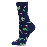 MeMoi Women's Embroidered Frogs Bamboo Crew Socks