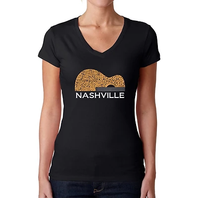 LA Pop Art Womens Word V-Neck T-Shirt - Nashville Guitar
