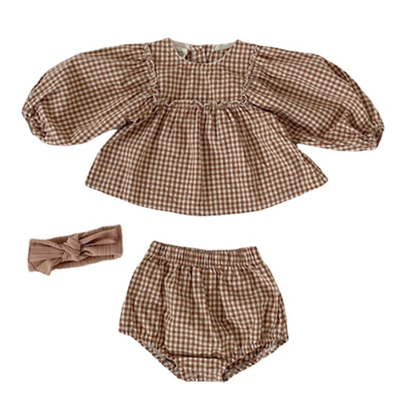 MyKids-USA Baby Girl Plaid Pattern Loose Blouses With Shorts Sets