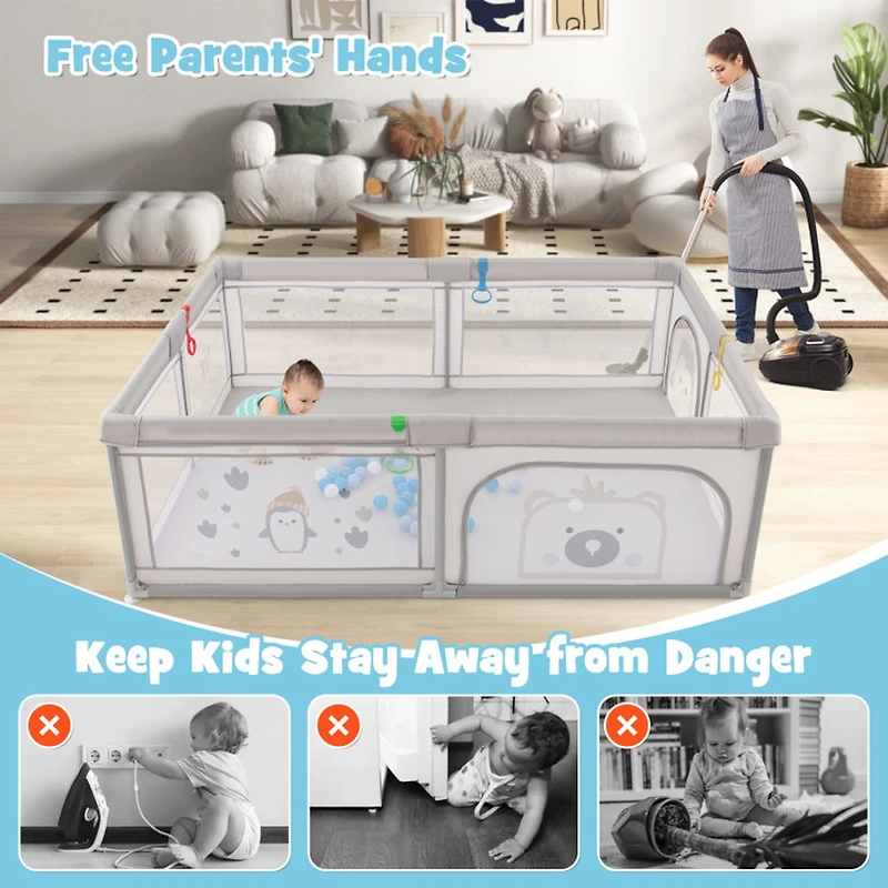 SUGIFT Baby Penguin Pattern Mesh 4 Pull Rings 50 Ocean Balls Large Playard 81-in x 57.5-in x 27-in Ages 0-3 Gray