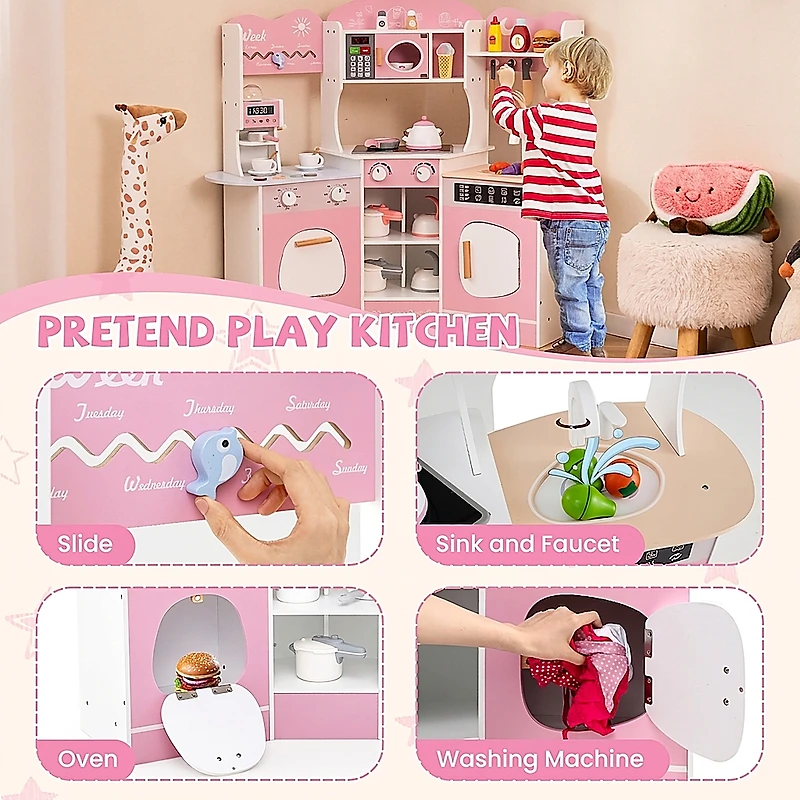 SUGIFT 41-in White Corner Wooden Kids Kitchen Playset with Coffee Machine Slide and 15 Accessories 37-in H