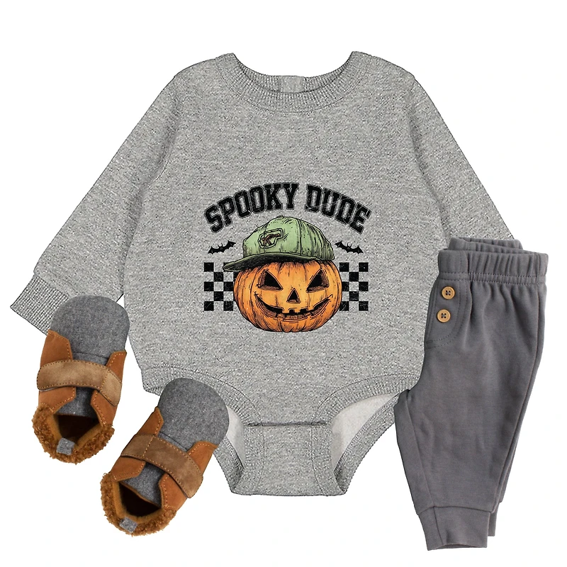 The Juniper Shop - Infant Fleece BodySuit Spooky Dude Checkered Pumpkin