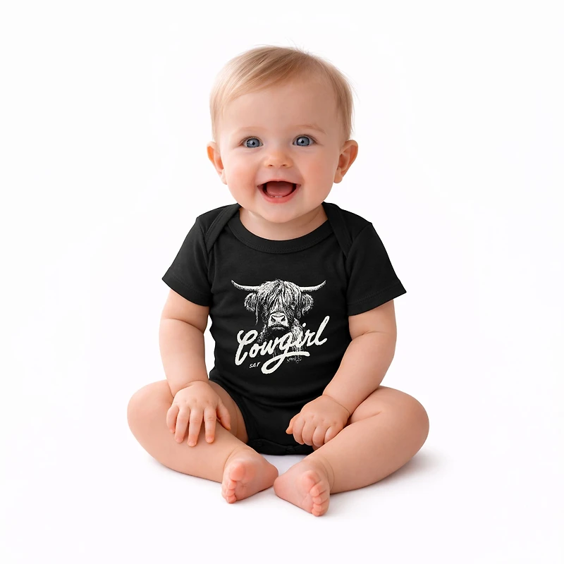 The Juniper Shop - Cowgirl Highland Cow Baby Short Sleeve Graphic Bodysuit