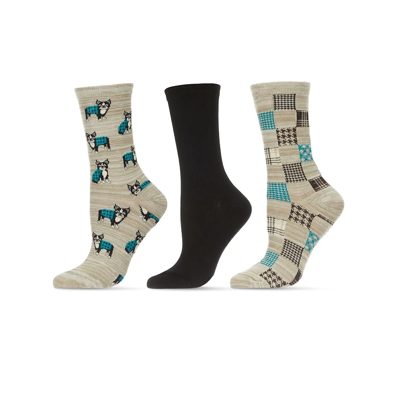 MeMoi Women's 3 Pair Pack Boston Terrier Bamboo Blend Crew Socks