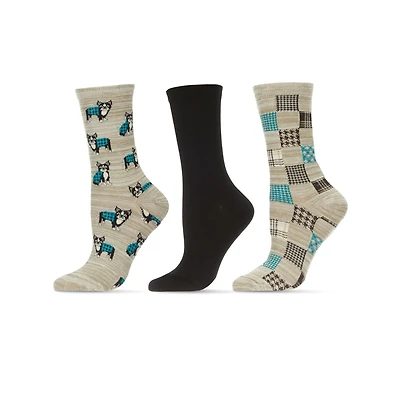 MeMoi Women's 3 Pair Pack Boston Terrier Bamboo Blend Crew Socks