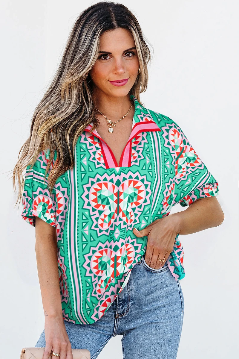 Threaded Pear Women's Kamiyah Boho Abstract Striped Collared V Neck Blouse