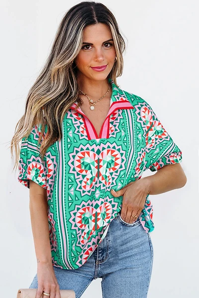 Threaded Pear Women's Kamiyah Boho Abstract Striped Collared V Neck Blouse