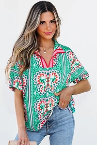 Threaded Pear Women's Kamiyah Boho Abstract Striped Collared V Neck Blouse