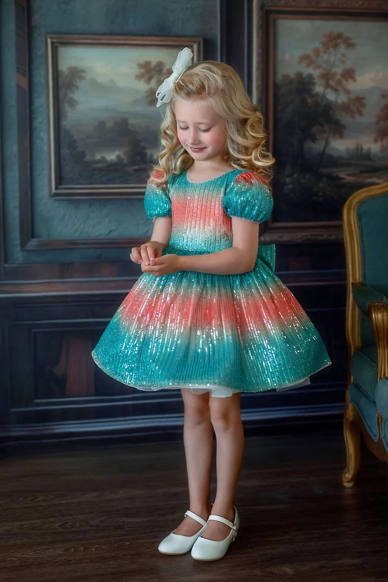 Faeella Girls Aqua Sunset Sparkle Sequin Birthday Dress