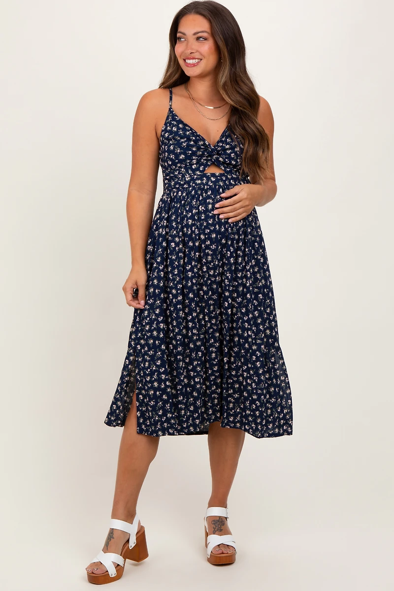 PinkBlush Womens Navy Floral Twist Front Cut Out Maternity Midi Dress