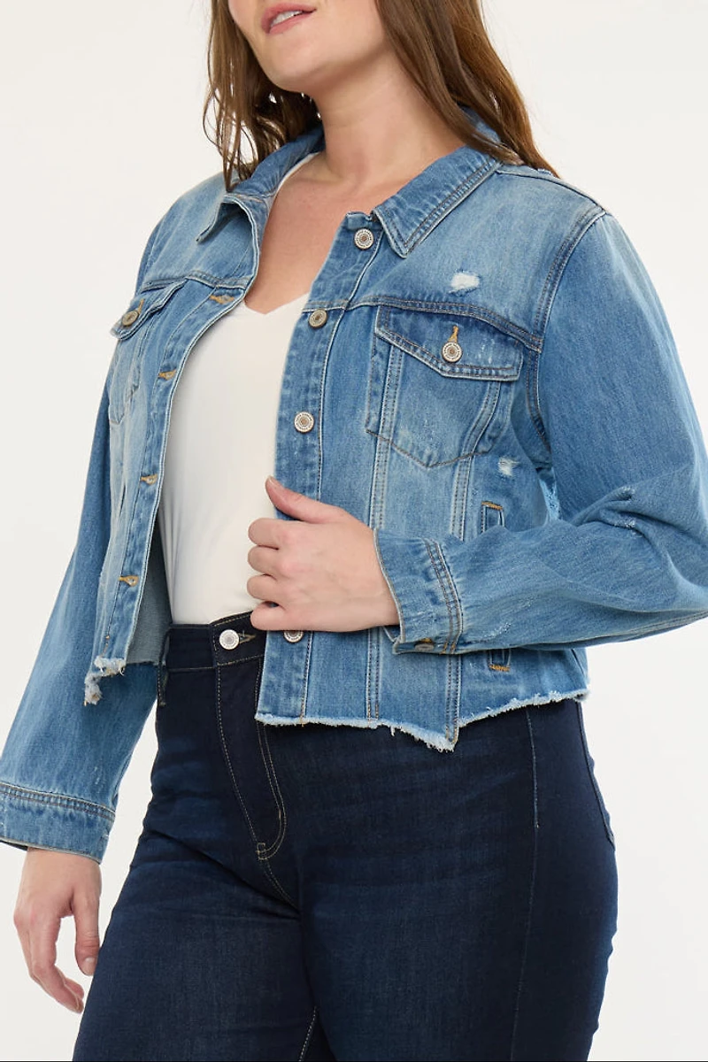 KanCan Women's Plus Distressed Denim Jacket Vianca