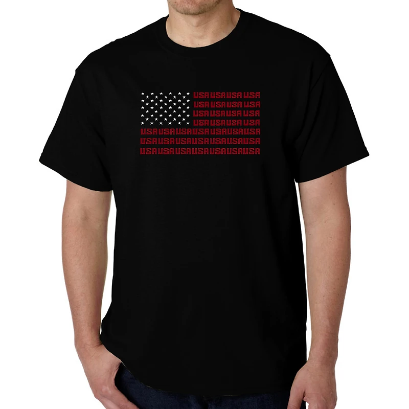 LA Pop Art Men's Cotton Crew Neck T-Shirt - American Flag Word Art, Short Sleeve, Regular Fit