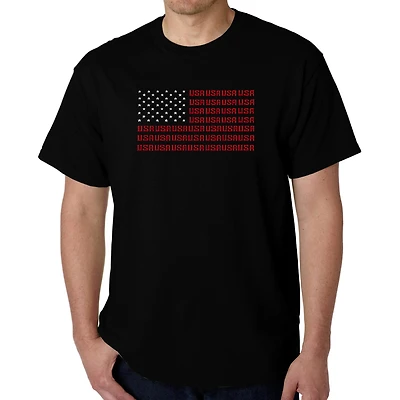 LA Pop Art Men's Cotton Crew Neck T-Shirt - American Flag Word Art, Short Sleeve, Regular Fit