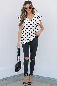 Threaded Pear Women's Halo Polka Dot Ruffled Sleeve V Neck Blouse