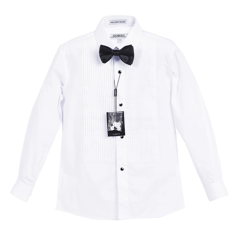 Gioberti Boy's White Tuxedo Dress Shirt, with Bow Tie and Metal Studs