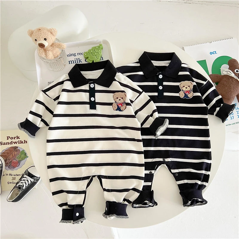 MyKids-USA Baby Cartoon Bear Print & Striped Pattern Polo Neck Long Sleeve Romper