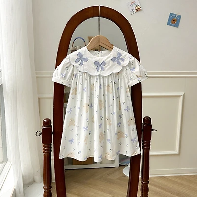 MyKids-USA Toddler Girls Summer Dress - Short Sleeves, Embroidered Collar, Floral Teddy Print - Cotton Blend
