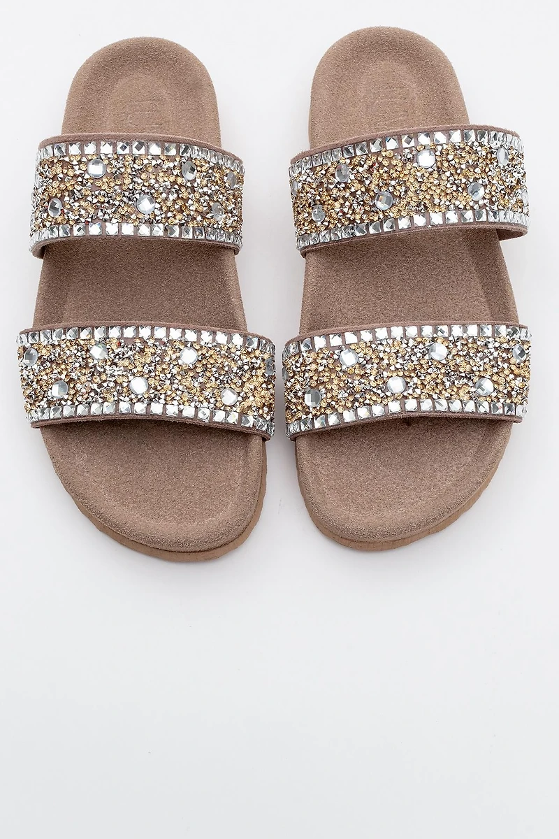 Forever & Always Womens Jamie Leather Double Strap Slide Sandals with Stones