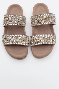 Forever & Always Womens Jamie Leather Double Strap Slide Sandals with Stones