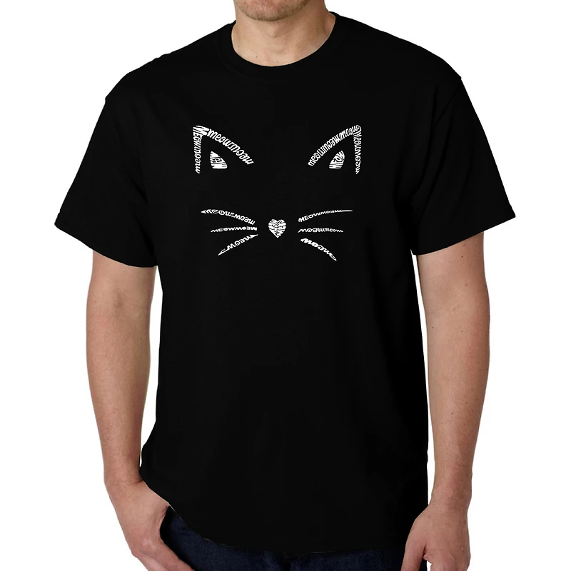 LA Pop Art Men's Word T-Shirt - 100% Cotton Crew Neck Short Sleeve, 'Whiskers' Meow Design