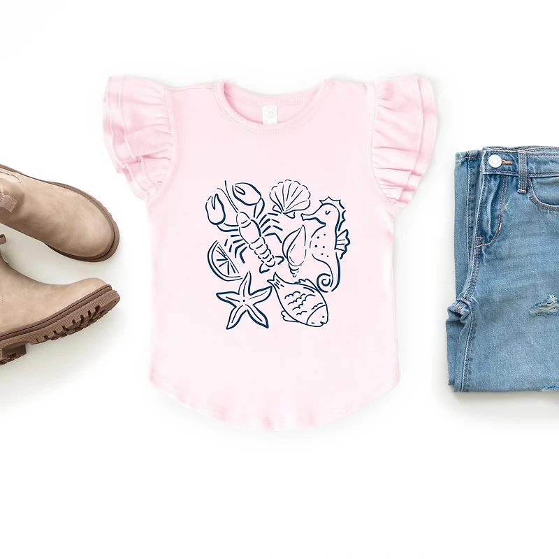 The Juniper Shop - Nautical Animals Outlined Flutter Sleeve Graphic T-Shirt