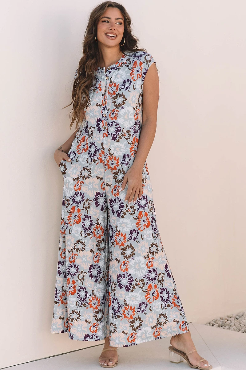 Threaded Pear Women's Kylee Floral Sleeveless Buttoned Wide Leg Jumpsuit