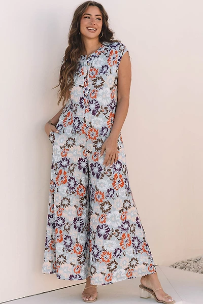 Threaded Pear Women's Kylee Floral Sleeveless Buttoned Wide Leg Jumpsuit