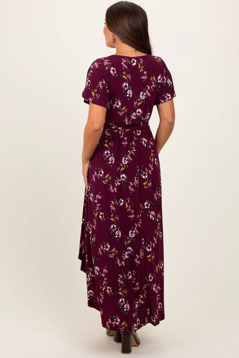 PinkBlush Womens Burgundy Floral Short Sleeve Wrap Hi-Low Maternity Maxi Dress