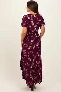 PinkBlush Womens Burgundy Floral Short Sleeve Wrap Hi-Low Maternity Maxi Dress