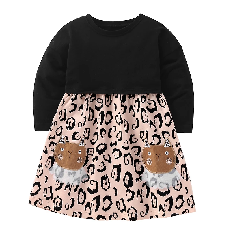 MyKids-USA Baby Girl Cat Embroidered Pattern Patchwork Design Dress