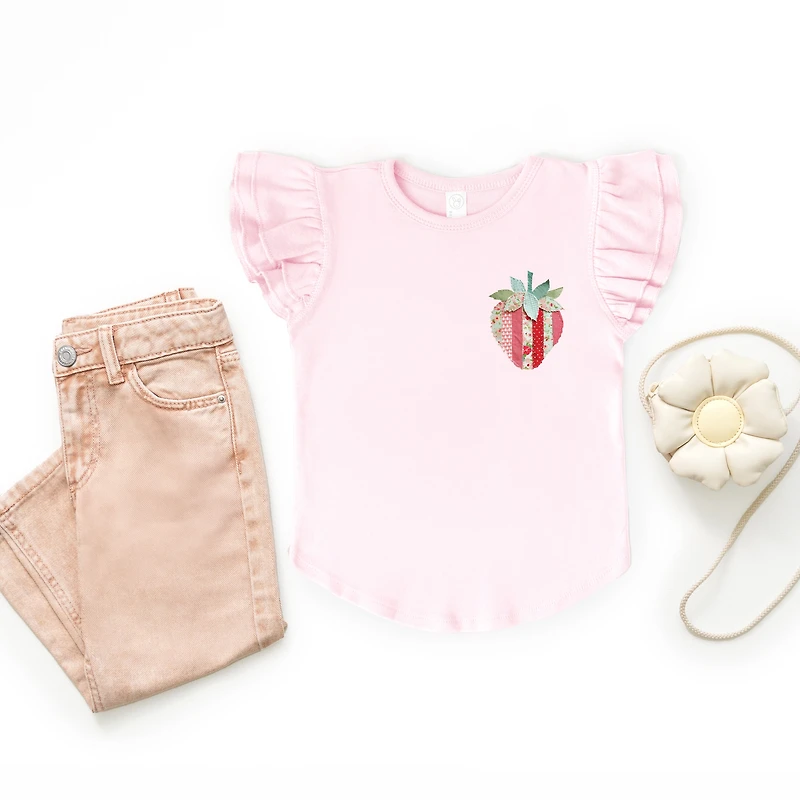 The Juniper Shop Girl's - Strawberry Faux Patchwork Flutter Sleeve Graphic T-Shirt